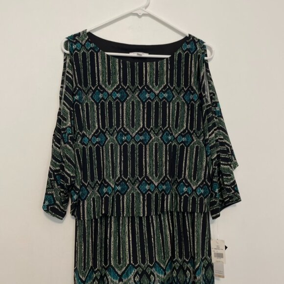 NEW NWT SANDRA DARREN Black Green Teal Geometric Geo Cold Shoulder Cutout Dress - Picture 5 of 16